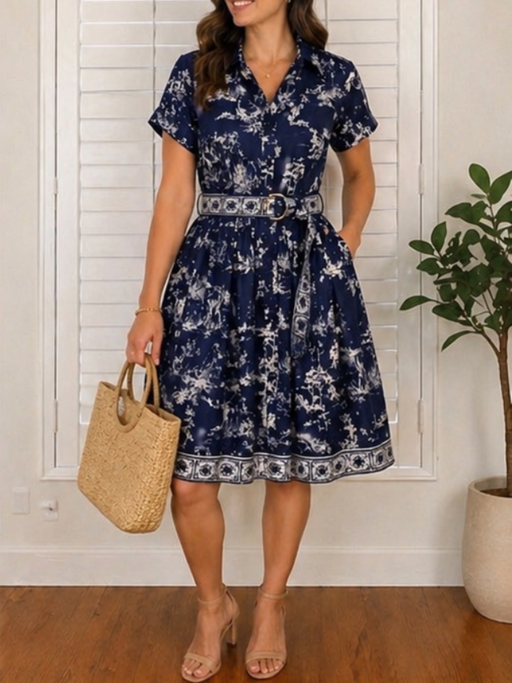 eShakti Navy Blue Toile Print Shirt Dress Belted Fit & Flare Midi Dress L/XL